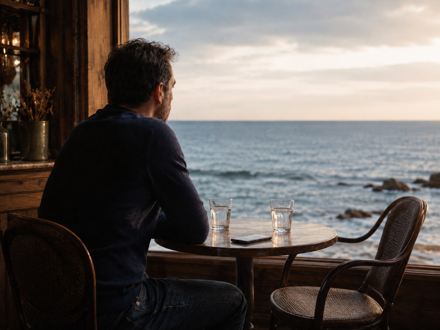 Un homme seul face à une chaise vide, au bord de la mer