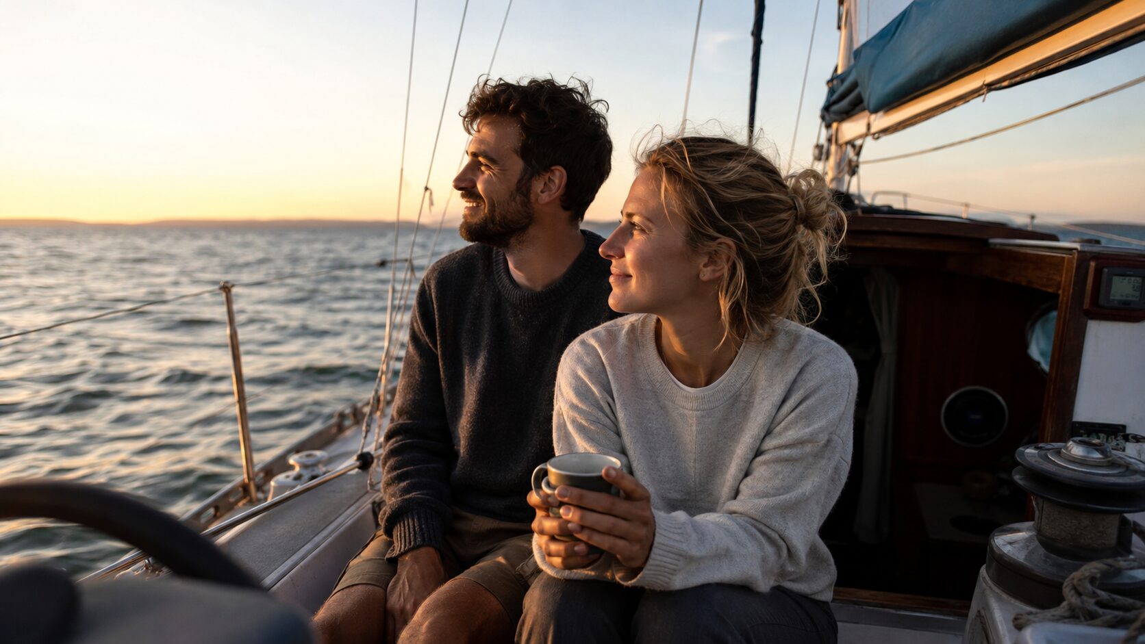 Un jeune homme brun et une jeune femme blonde sur un voilier au coucher du soleil